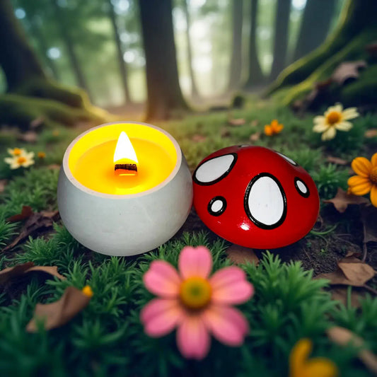 Lumânare Handmade Parfumată Ciupercă – Ceară de Soia Naturală 75g, 15h Ardere, Parfum Ozon & Flori