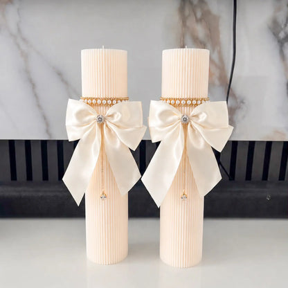 Set de 2 lumânări de nuntă handmade Elise Pearl decorate elegant