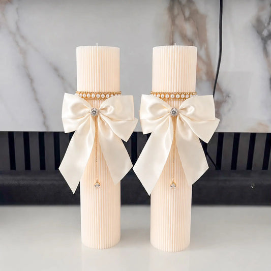Set de 2 lumânări de nuntă handmade Elise Pearl decorate elegant