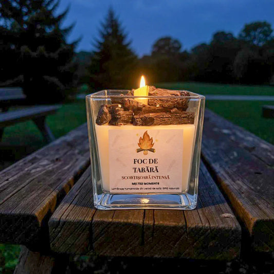 Lumanare handmade parfumata Foc de Tabara 240g Melted Moments, aromă intensă de scorțișoară