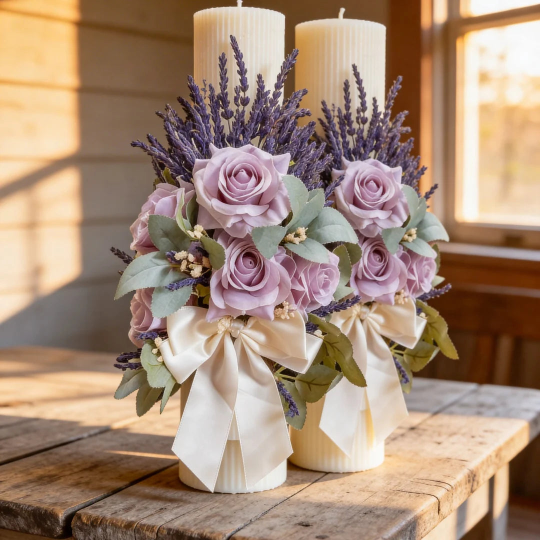 Vedere laterală lumânări Blush Lavender Deluxe cu textură și flori naturale