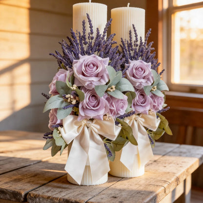 Vedere laterală lumânări Blush Lavender Deluxe cu textură și flori naturale
