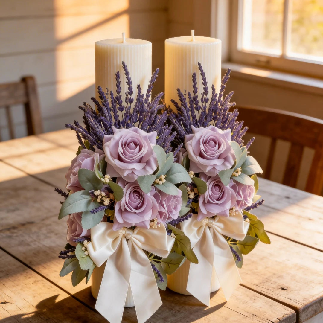 Set 2 lumânări Blush Lavender Deluxe cu flori de lavandă și trandafiri mov